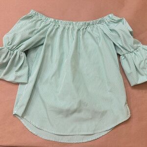 Gibson Latimer Green and White Striped Off the Shoulder Too with Bell Sleeves